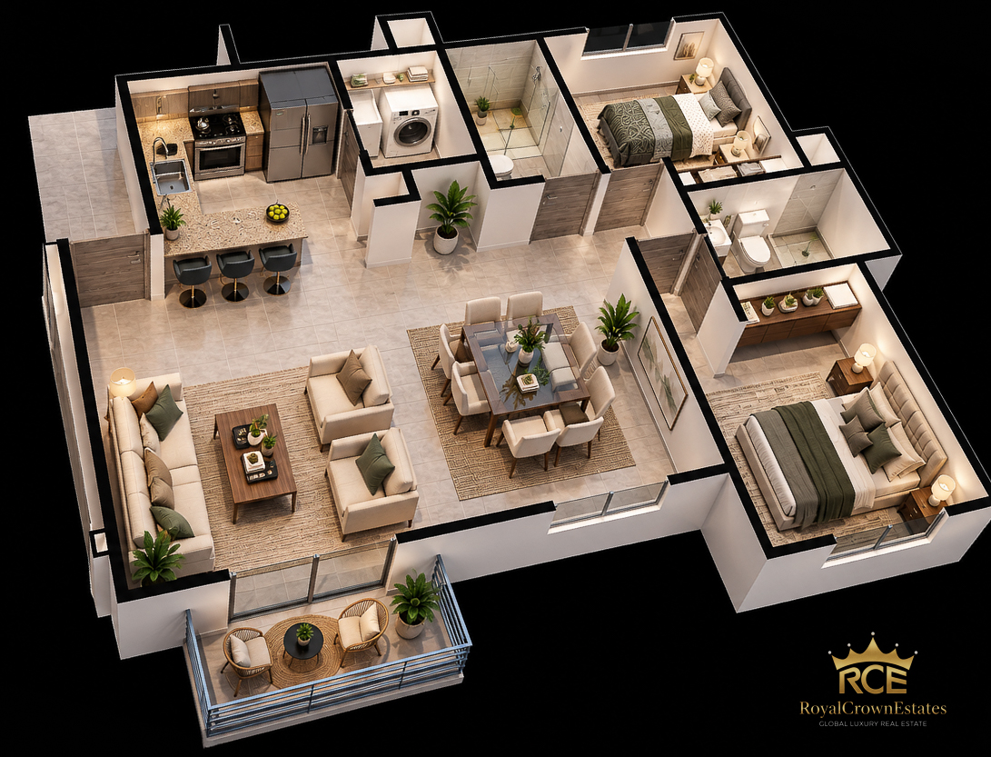Plano de distribución de dos habitaciones · Vistas de Lindora